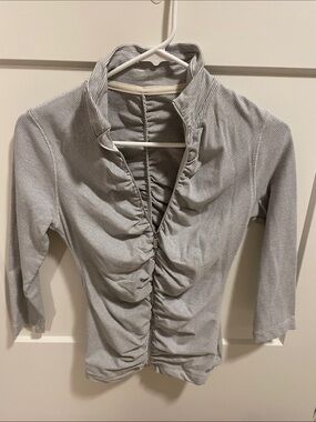 bebe Gray and White Striped Ruched Zip-Front Top